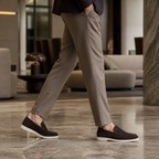 Bruce & Co Bellaro espresso brown loafers in a hotel editorial setting
