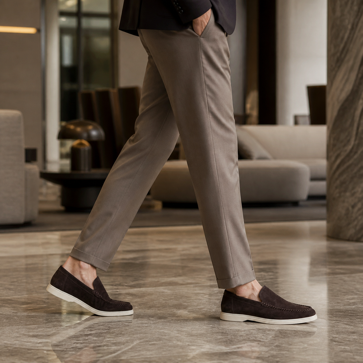 Bruce & Co Bellaro espresso brown loafers in a hotel editorial setting