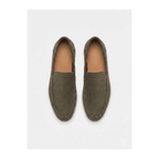 Bellaro olive suede Venetian loafers, top view on white