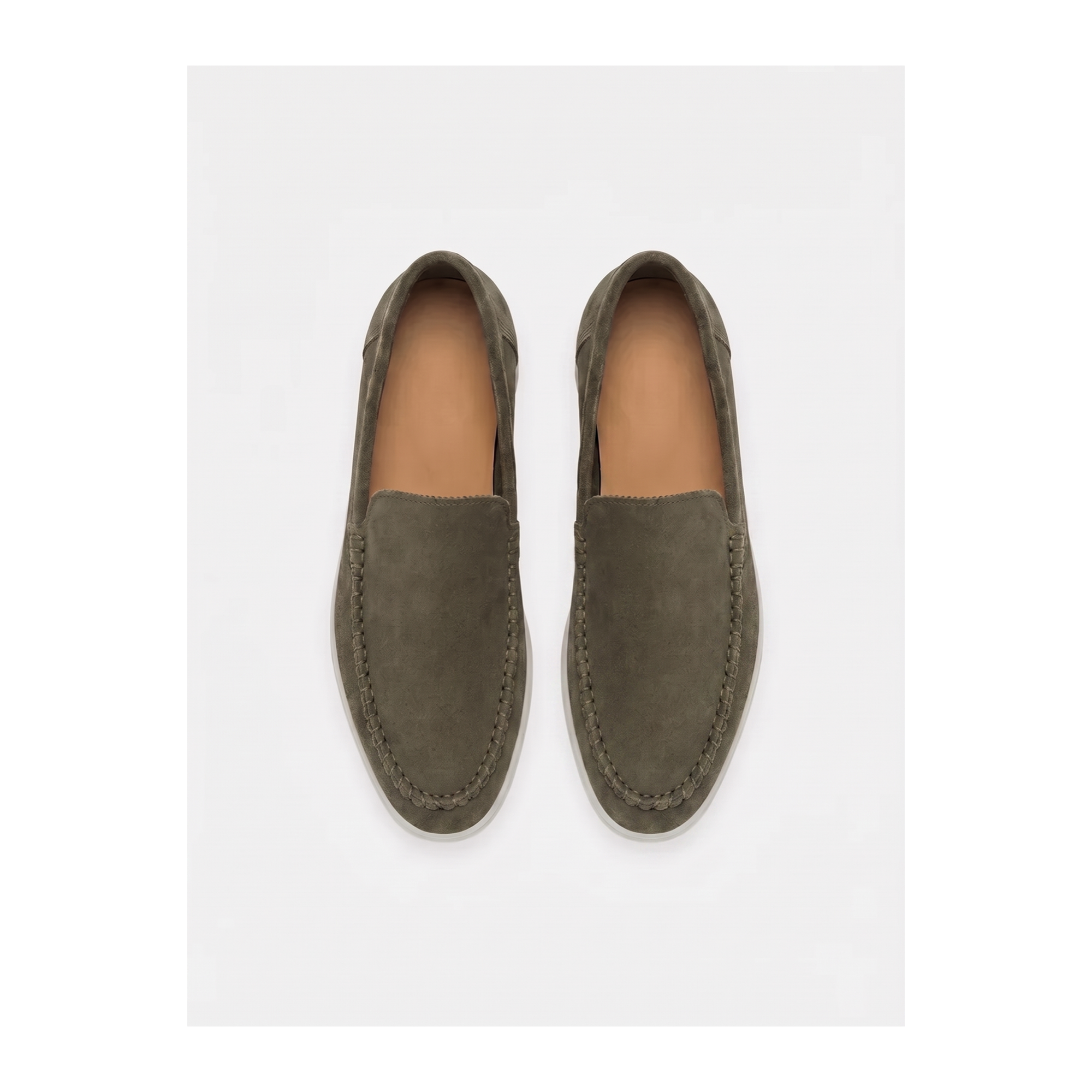 Bellaro olive suede Venetian loafers, top view on white