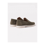 Bellaro olive suede Venetian loafers, rear view on white