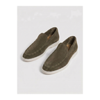 Bellaro olive suede Venetian loafers, three-quarter view on white