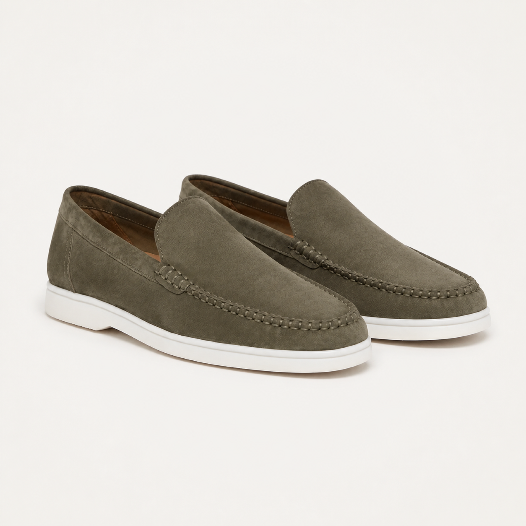 Bellaro olive suede Venetian loafers, editorial three-quarter view