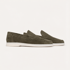 Bellaro olive suede Venetian loafers, editorial side view