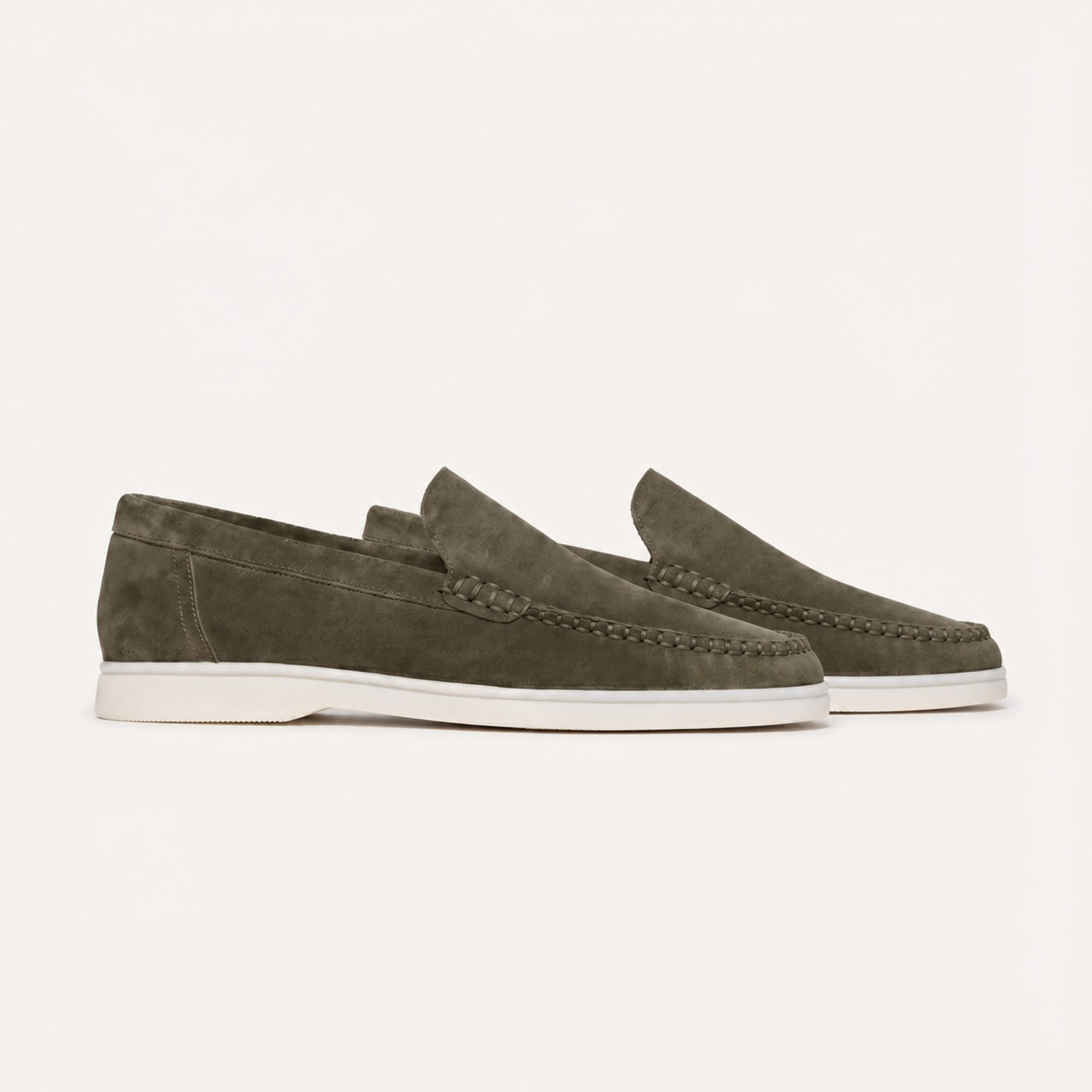 Bellaro olive suede Venetian loafers, editorial side view
