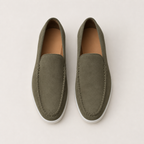 Bellaro olive suede Venetian loafers, editorial top view