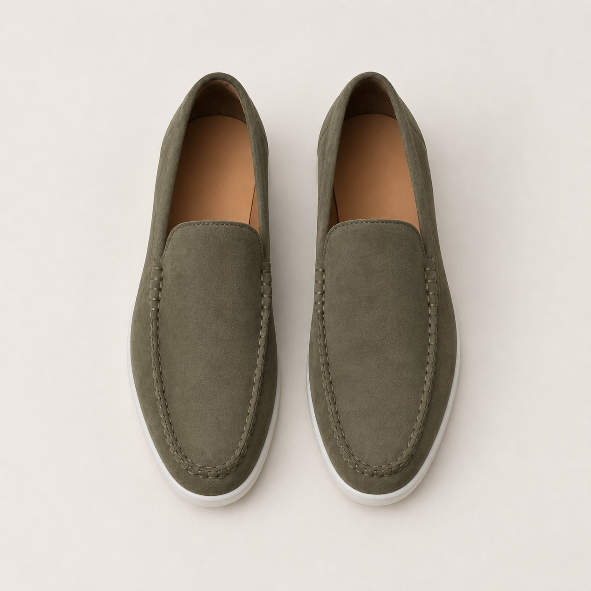 Bellaro olive suede Venetian loafers, editorial top view