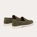 Bellaro olive suede Venetian loafers, editorial rear view