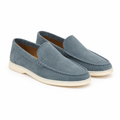 Bellaro petrol-blue suede loafers, pair front three-quarter view on white