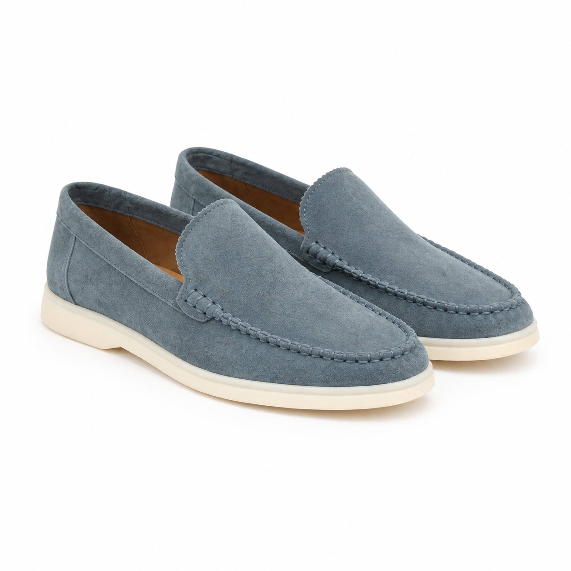 Bellaro petrol-blue suede loafers, pair front three-quarter view on white