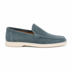 Bellaro petrol-blue suede loafer, side profile on white