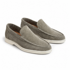 Bellaro stone-pistachio loafers, pair front three-quarter view on white