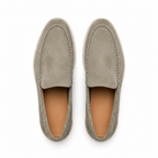 Bellaro stone-pistachio loafers, top view on white