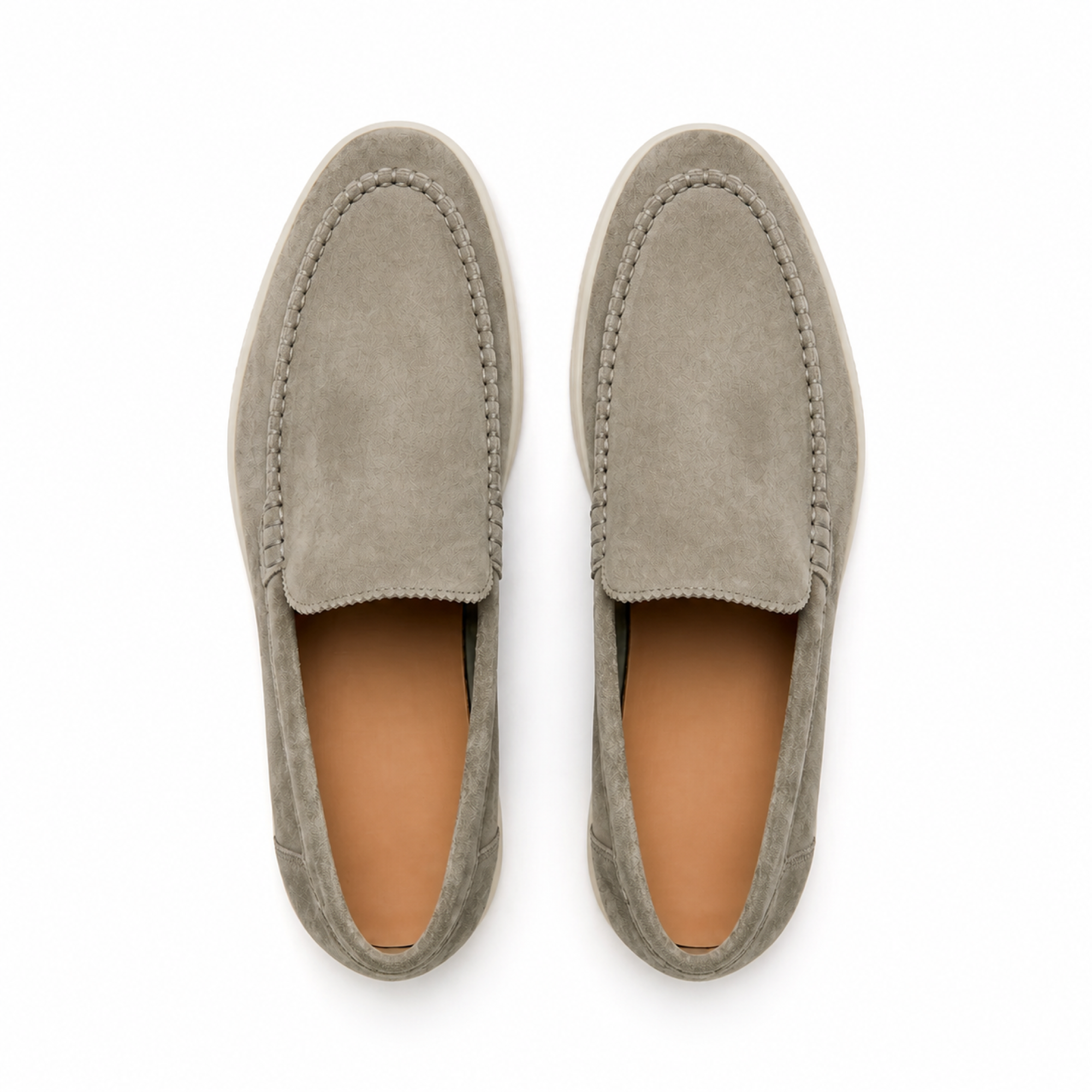 Bellaro stone-pistachio loafers, top view on white