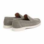Bellaro stone-pistachio loafers, rear three-quarter view on white