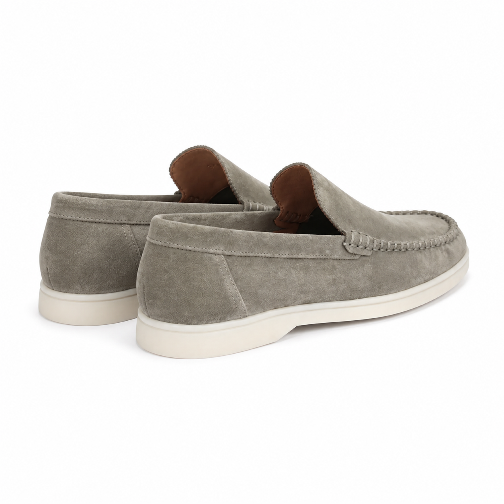 Bellaro stone-pistachio loafers, rear three-quarter view on white