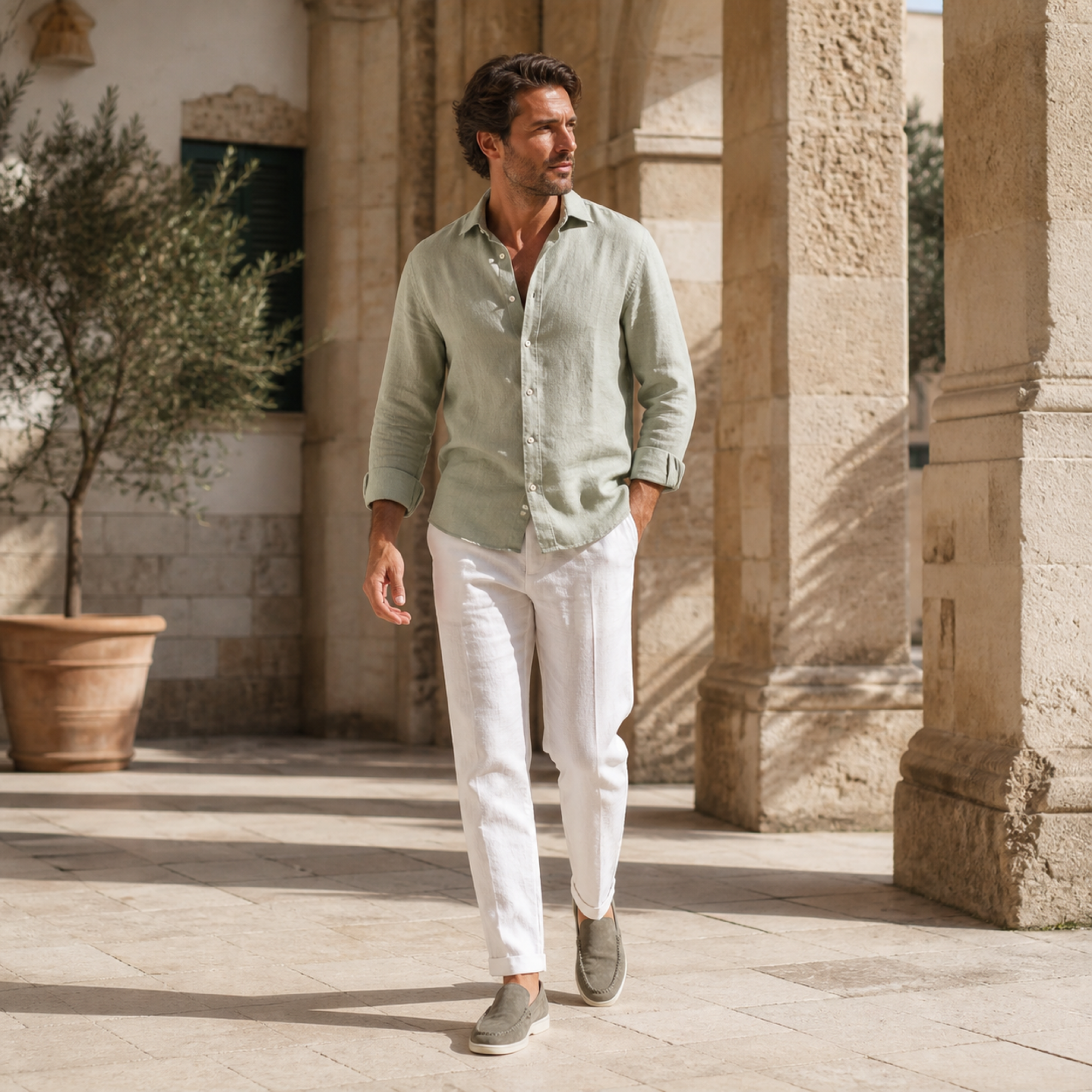 Man wearing Bellaro stone-pistachio loafers in a Mediterranean colonnade