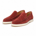 Bellaro port red loafers pair front three-quarter view on white