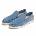 Bellaro sapphire blue loafers pair front three-quarter view on white
