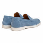 Bellaro sapphire blue loafers rear three-quarter view on white