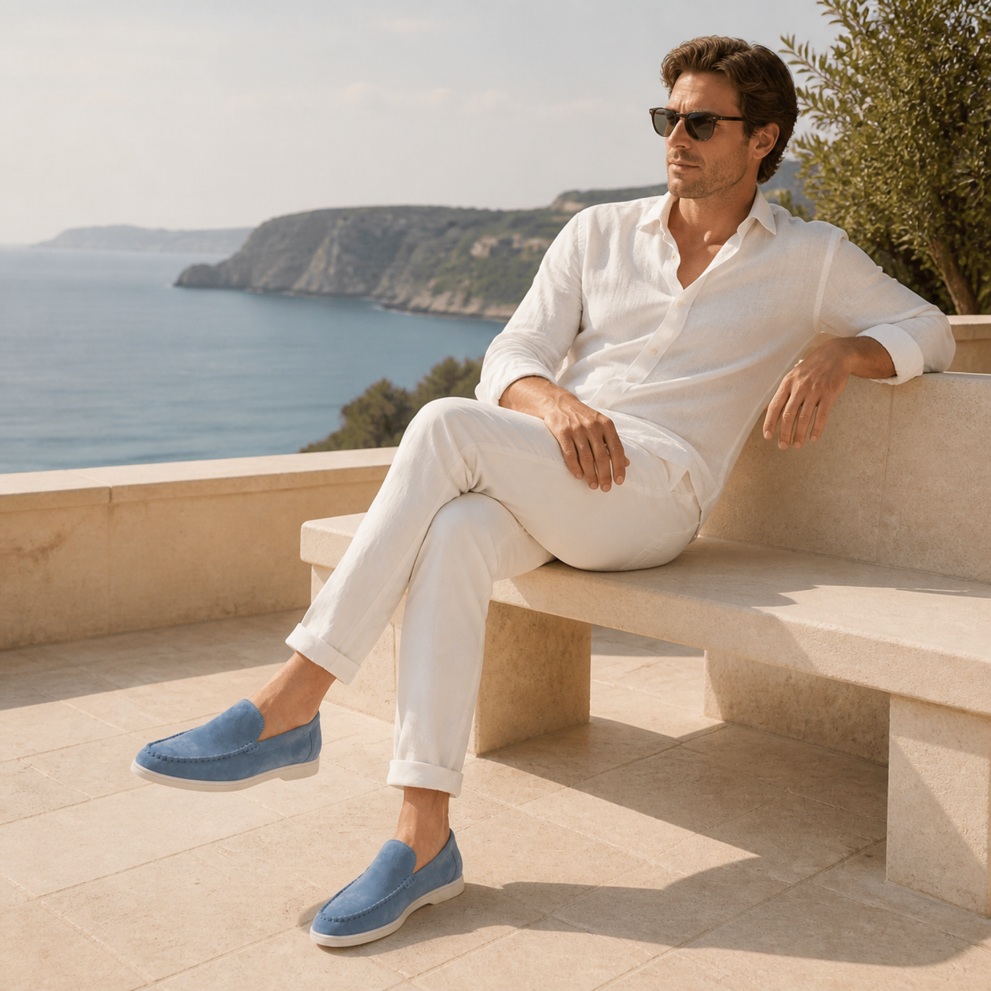 Bellaro sapphire blue loafers worn on terrace