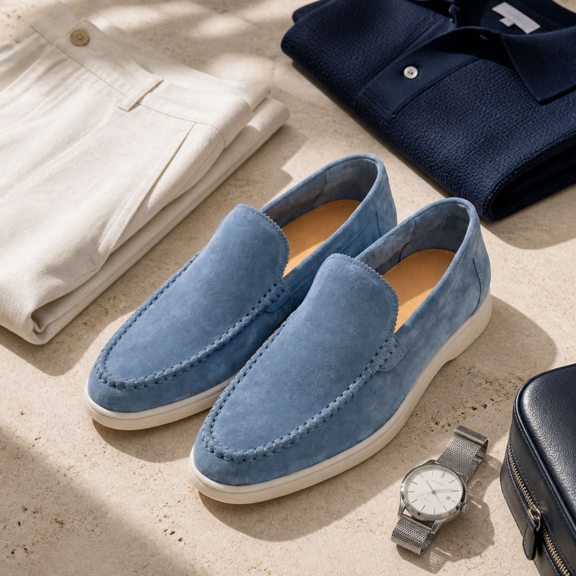 Bellaro sapphire blue loafers luxury flat lay