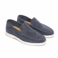 Bellaro steel-blue moc-toe loafers, front three-quarter pair view on white