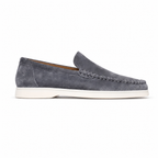 Bellaro steel-blue moc-toe loafer, side profile on white