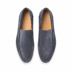Bellaro steel-blue moc-toe loafers, top view on white