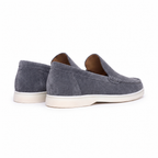 Bellaro steel-blue moc-toe loafers, rear three-quarter view on white