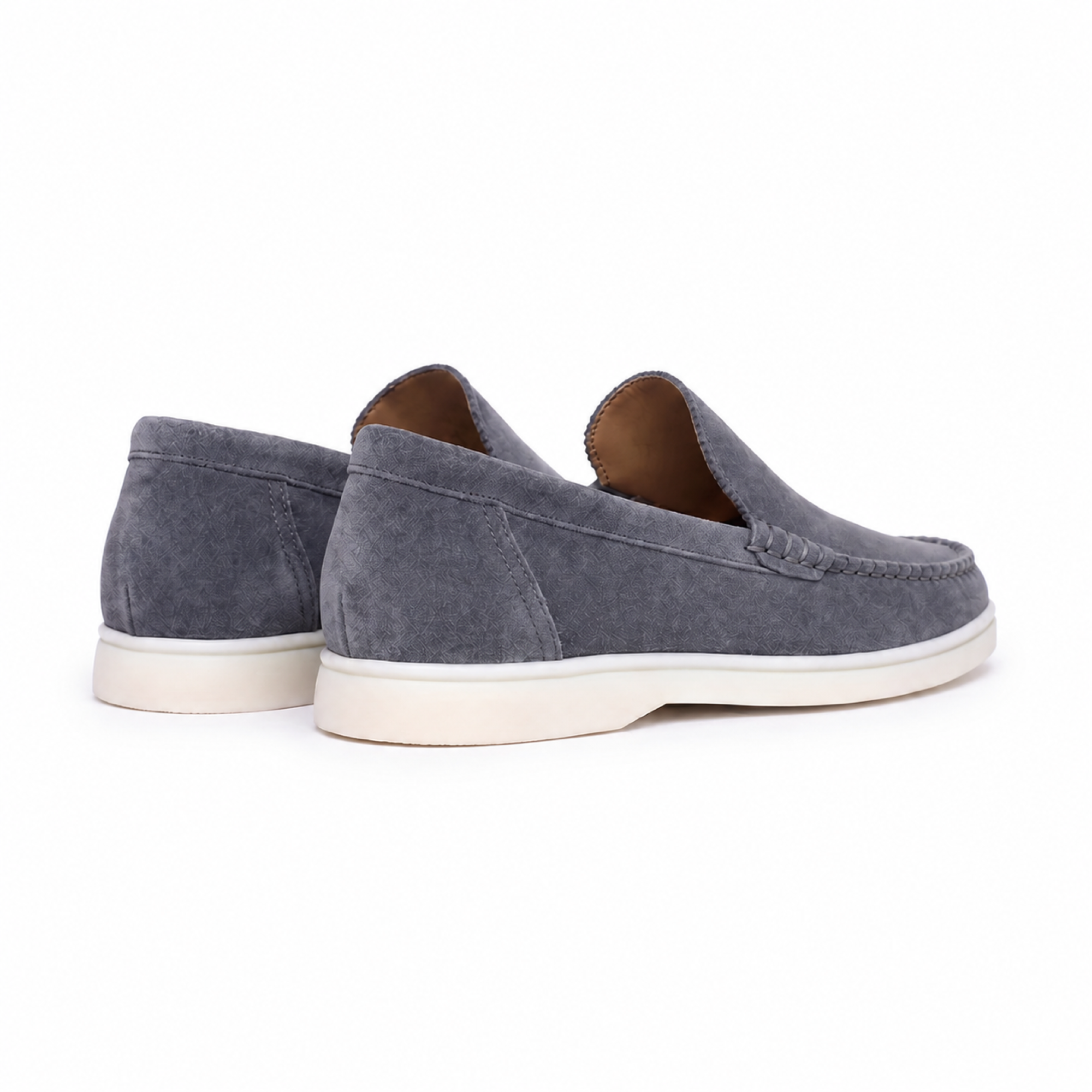Bellaro steel-blue moc-toe loafers, rear three-quarter view on white