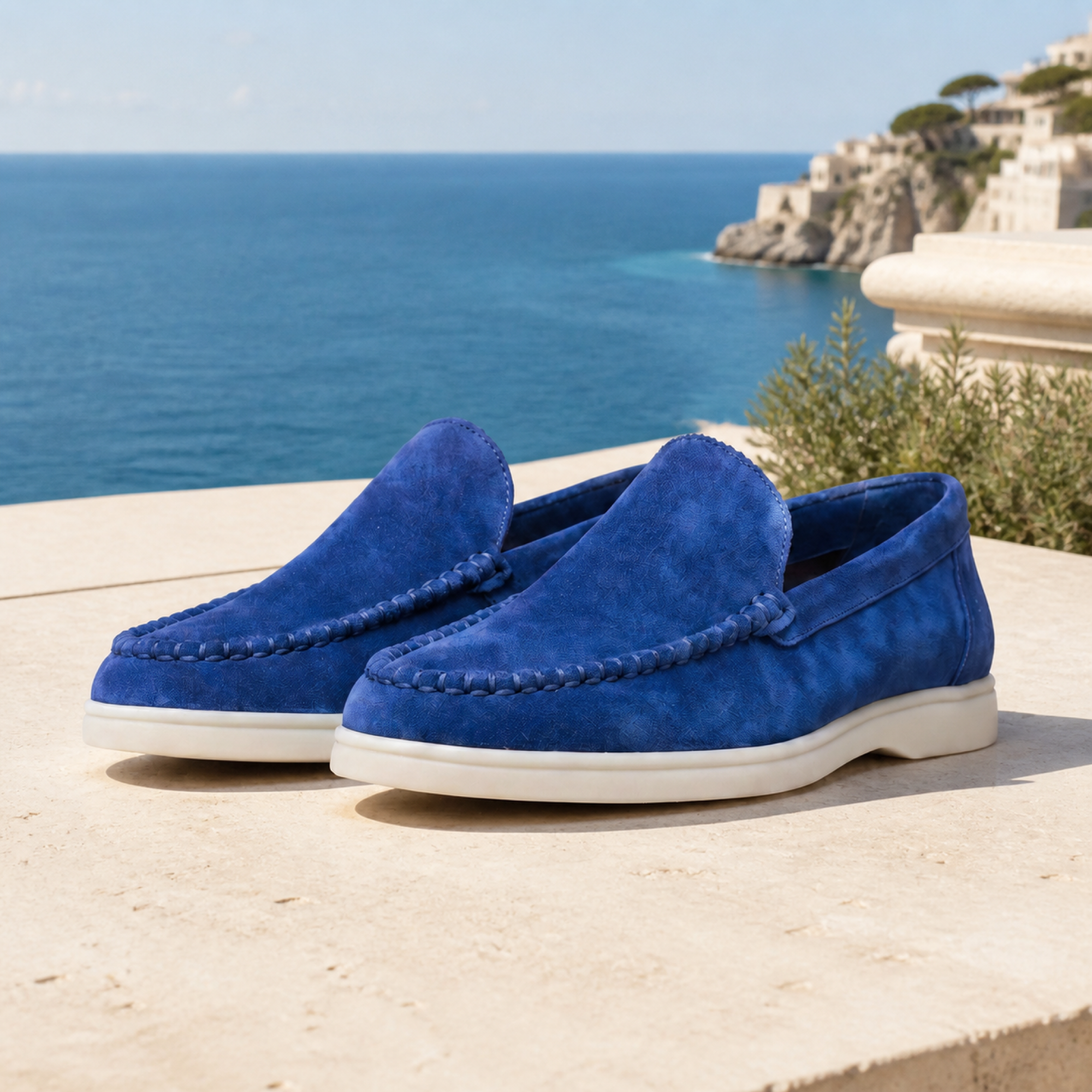 Bellaro Ultramarine loafers — coastal terrace editorial