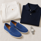 Bellaro Ultramarine loafers — wardrobe flat lay