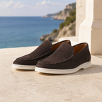 Bellaro warm grey loafers on coastal terrace