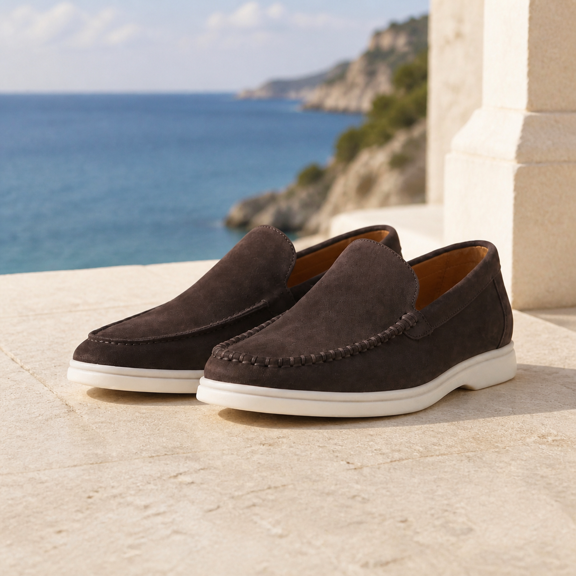 Bellaro warm grey loafers on coastal terrace