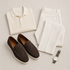 Bellaro warm grey loafers styled flat lay