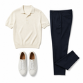 Bellian illustrative mystery outfit in ivory and navy on white background