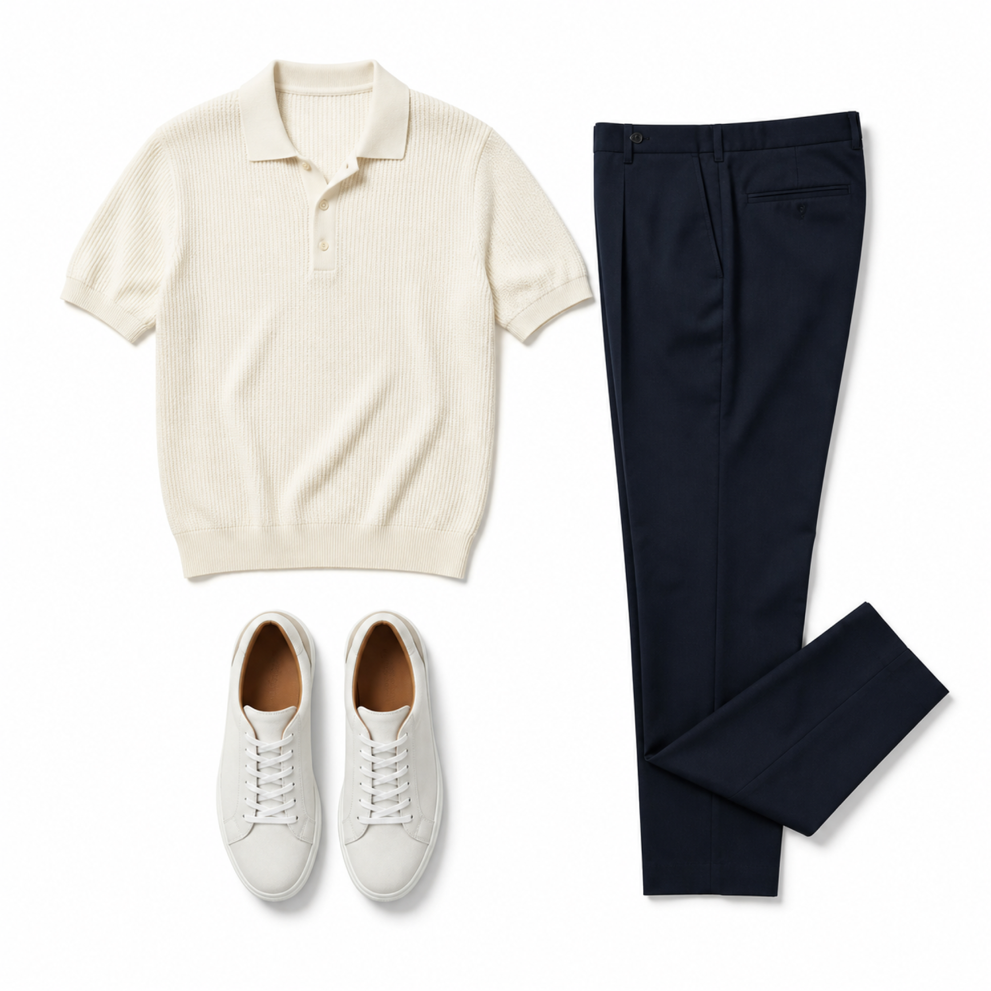 Bellian illustrative mystery outfit in ivory and navy on white background