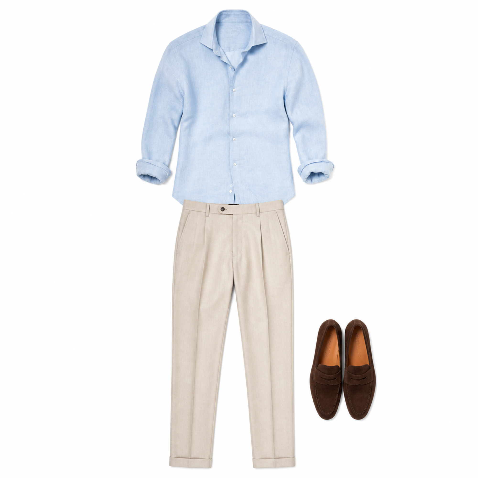 Bellian illustrative mystery outfit in light blue and stone on white background