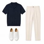 Bellian illustrative mystery outfit in navy and cream on white background