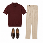 Bellian illustrative mystery outfit in burgundy and beige on white background