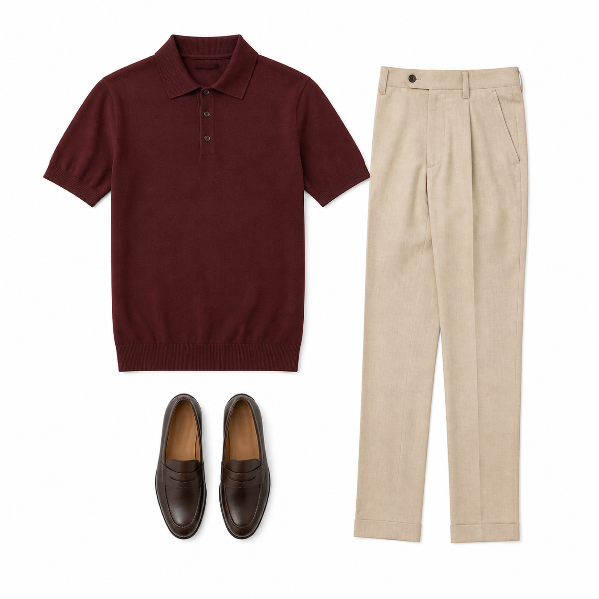 Bellian illustrative mystery outfit in burgundy and beige on white background