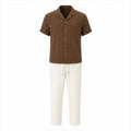 Belnor coffee jacquard Cuban shirt and ivory drawstring trousers front view