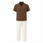 Belnor coffee jacquard Cuban shirt and ivory drawstring trousers front view