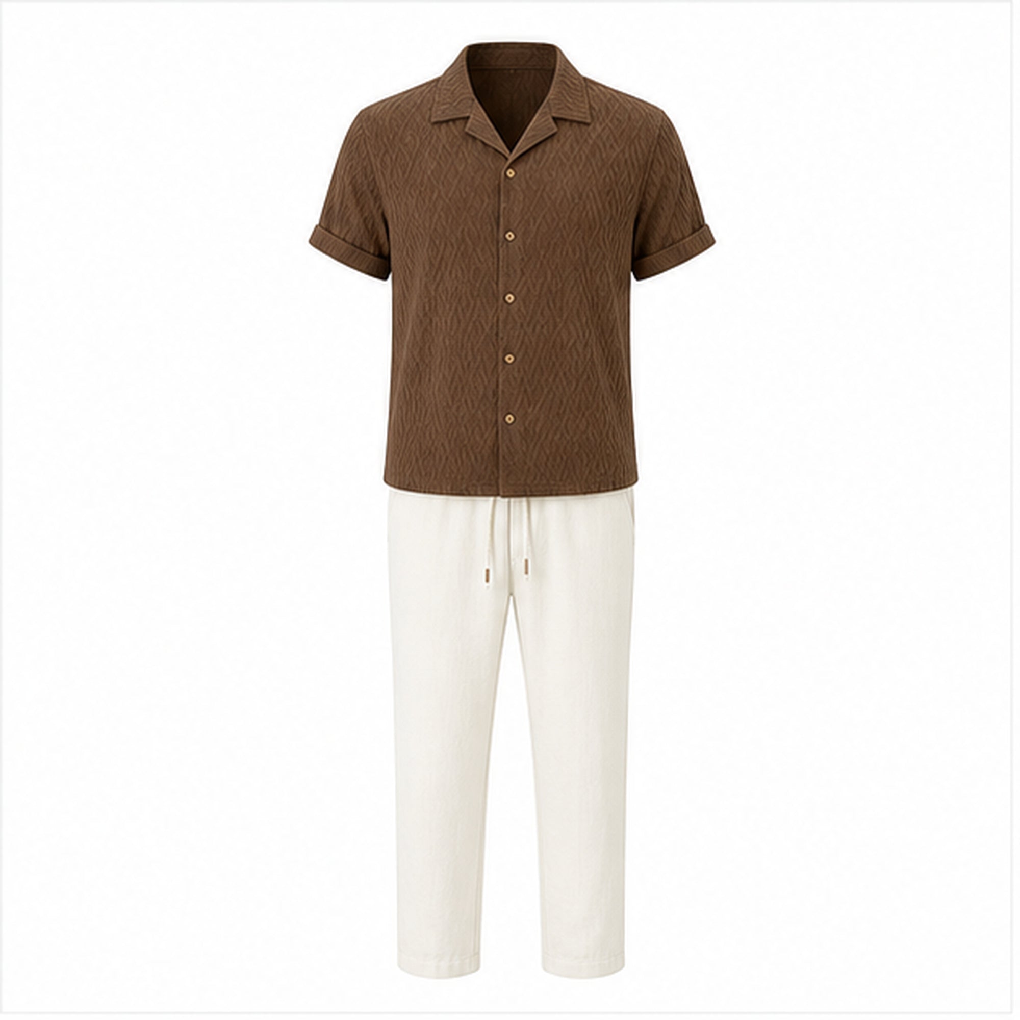 Belnor coffee jacquard Cuban shirt and ivory drawstring trousers front view