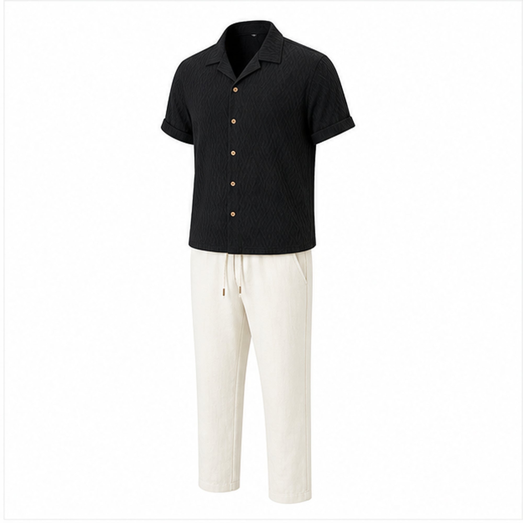 Belnor black jacquard Cuban shirt and ivory trousers three-quarter view