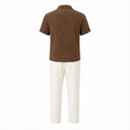 Belnor coffee shirt and ivory resort trousers rear view