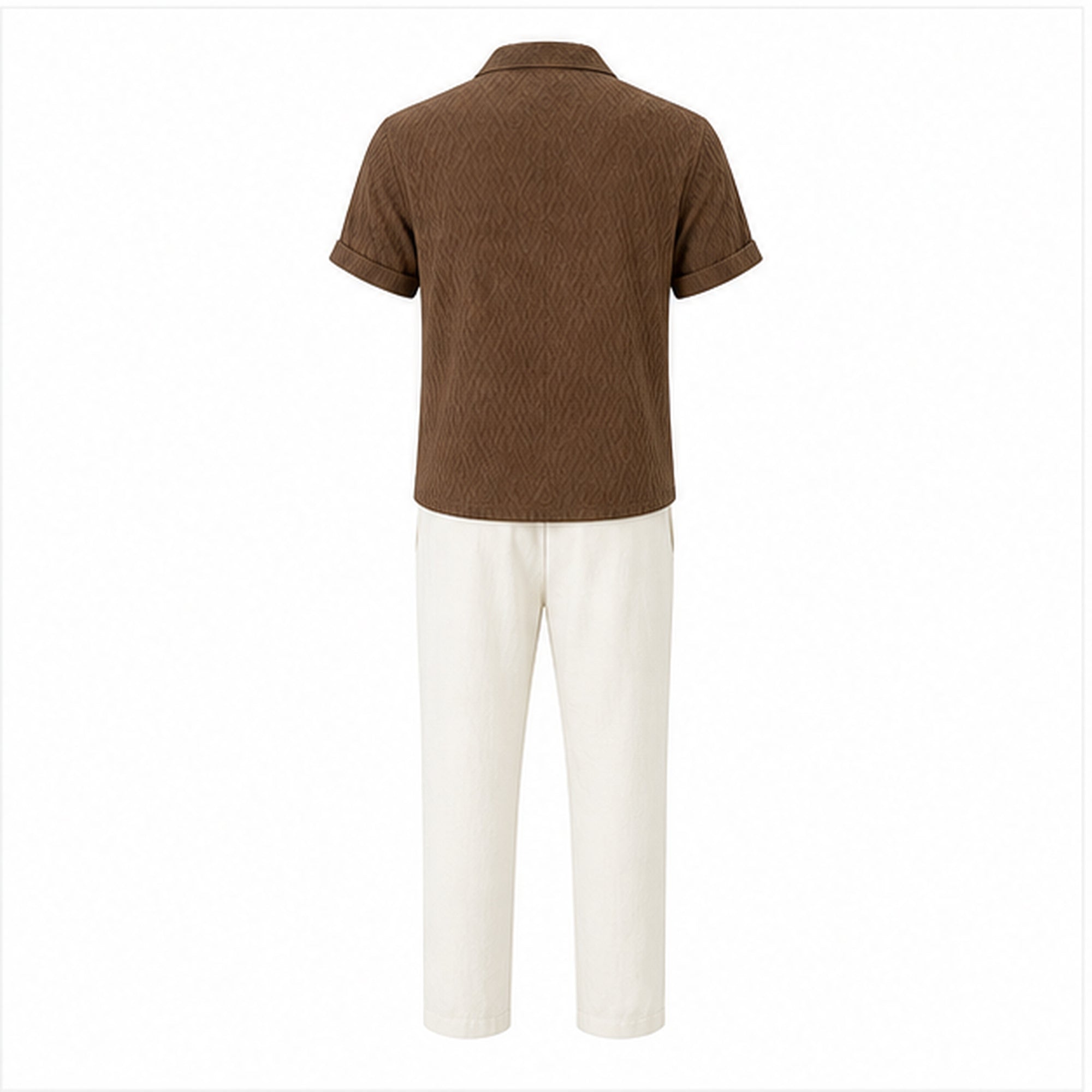 Belnor coffee shirt and ivory resort trousers rear view