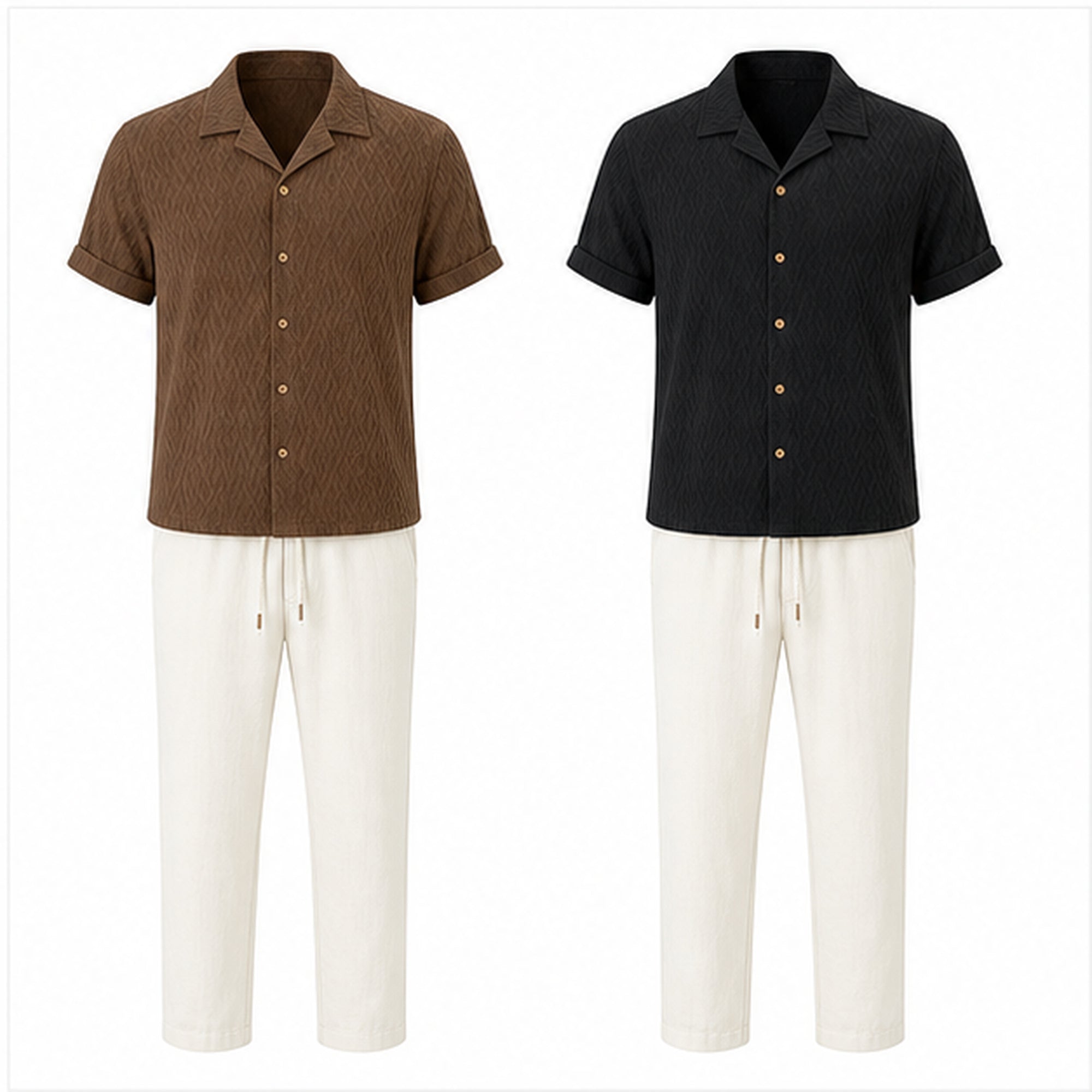 Belnor coffee and black shirt colourways with ivory trousers