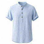 Belrino light blue linen Henley shirt on invisible mannequin, front studio view
